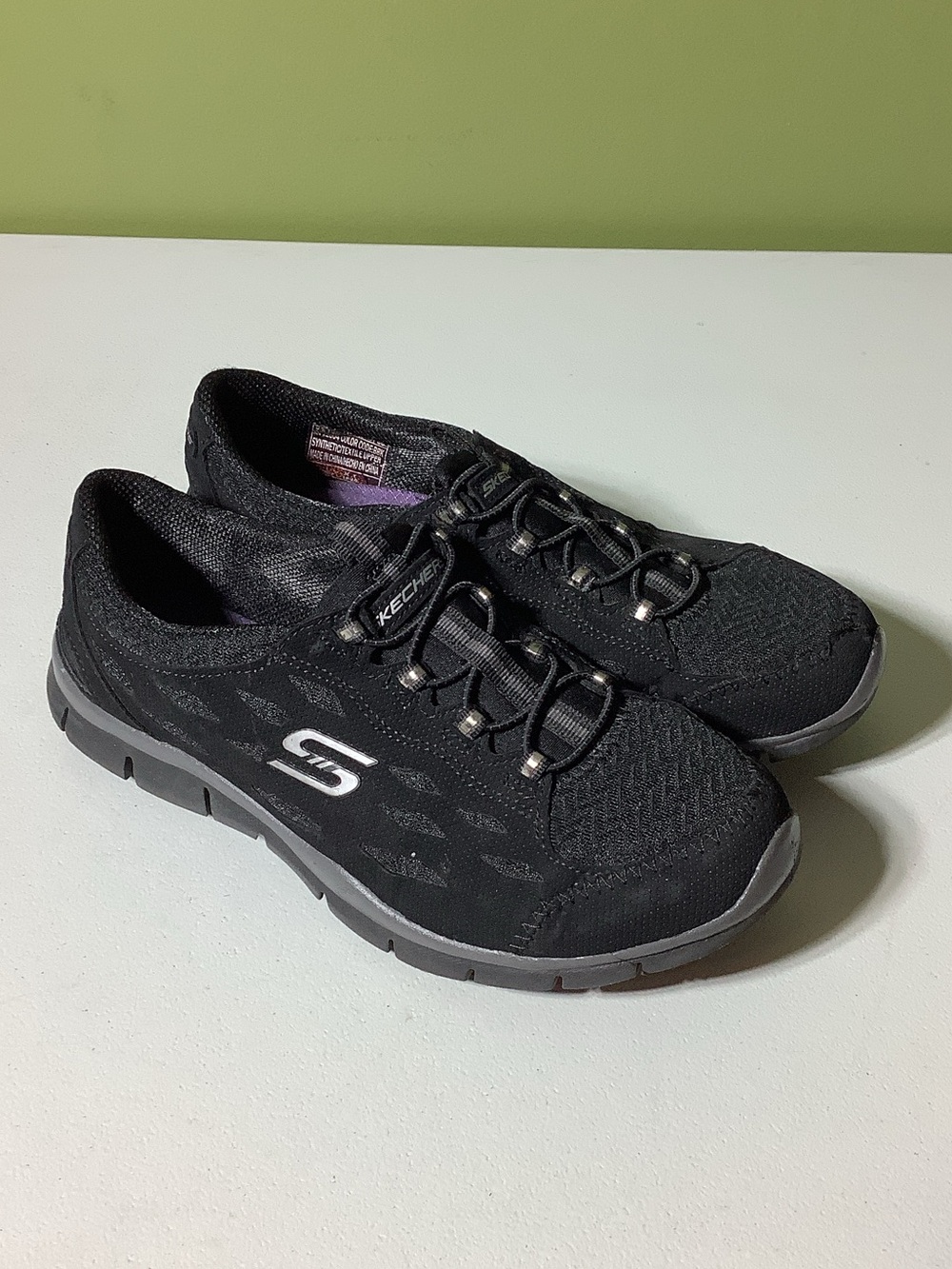 Skechers air-cooled memory foam black slip on sneakers, size 7.5
